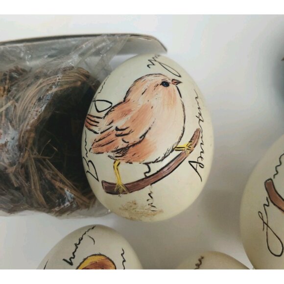 6 Ceramic Painted Bird Egg in Nest Artisan Farmhouse Decor 3.5" For Craft DIY - Picture 5 of 16
